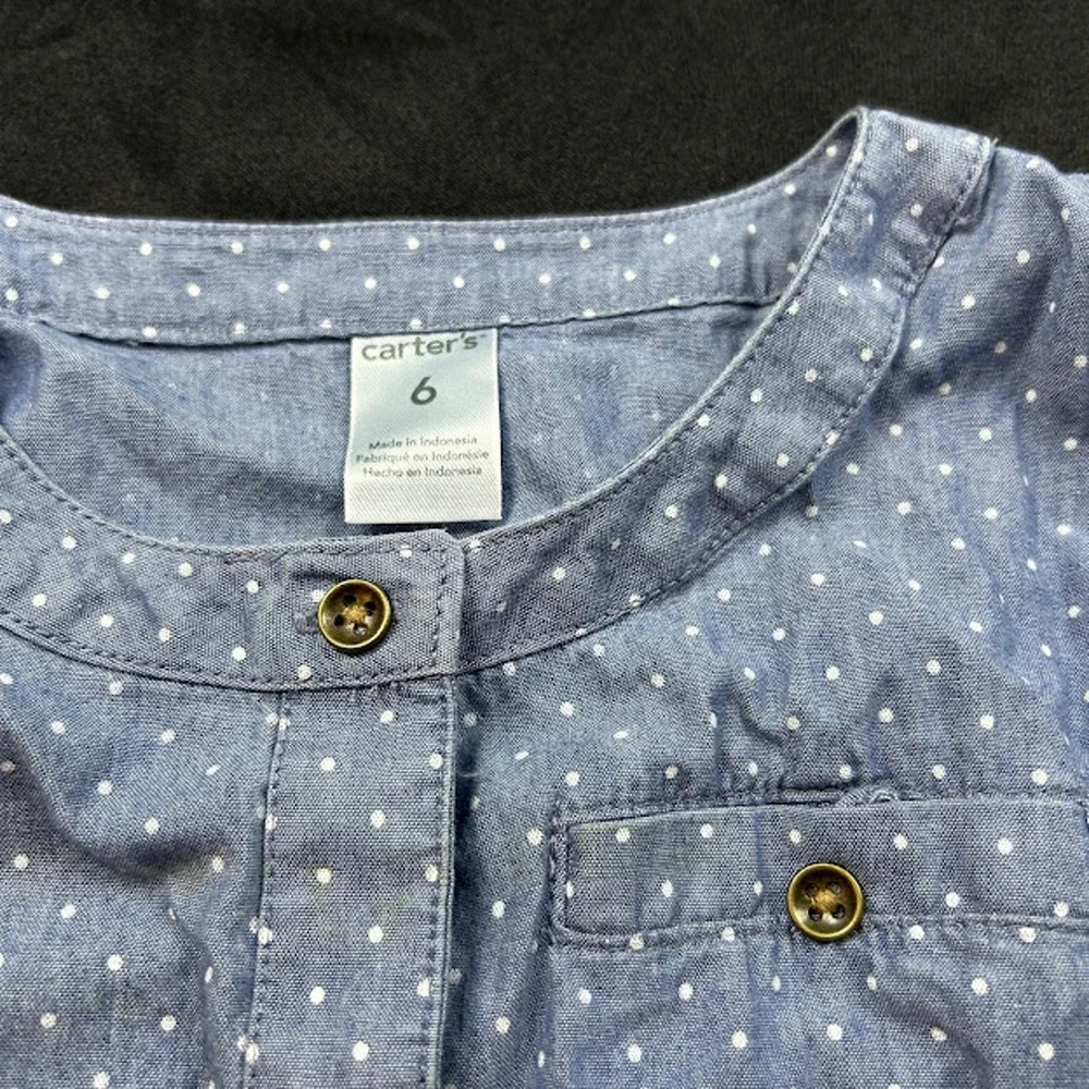Carter's Girls Romper 6Y Jean White Polka Dot Brown Belt NWT